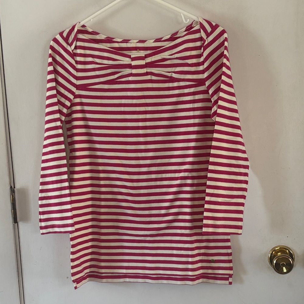 Kate Spade bright pink white striped knit top with bow detail Size Medium